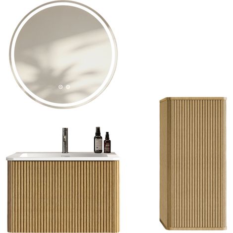 CHICFURN Conjunto mueble baño 60 cm con lavabo y espejo LED, roble, ahorro de espacio (1/5)
