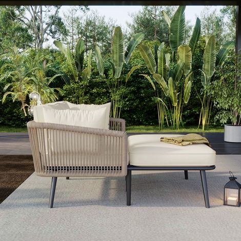 Ensemble salon de jardin transat beige et corde kaki, canapé d'extérieur avec 2 coussins déhoussables lavables et 2 oreillers, mobilier de balcon terrasse, meubles de jardin confortables. (1/5)