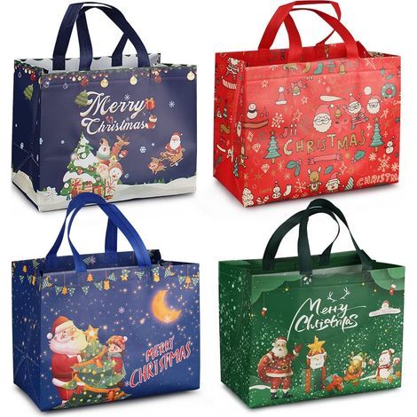 4PCS Sacs cadeaux de Noël, sacs fourre-tout de Noël avec poignées, sacs de friandises de Noël, sacs de Noël non tissés pour emballer des cadeaux, fournitures de fête de Noël, 32,5 × 25 × 17 cm (1/5)