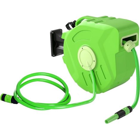 Reel of hose of watering retractable with hose of 15 m, pivot to 180° and fixed to the wall, in plastic green. (1/5)