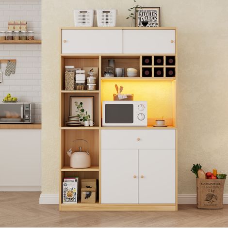 Armario de cocina (115x35x180 cm), con iluminación LED ajustable, gran capacidad, aglomerado, blanco y natural (1/5)