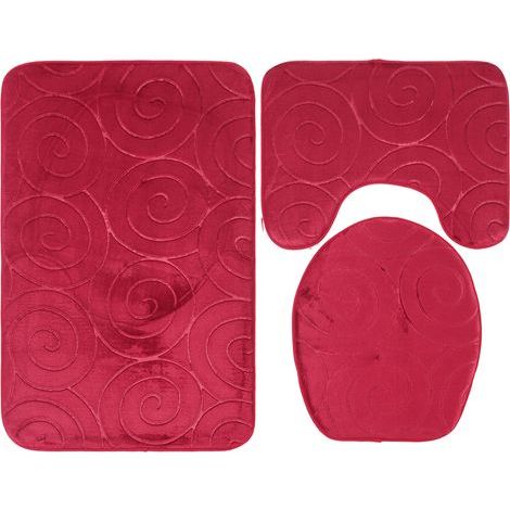 Ensemble de 3 tapis de salle de bain en pierre gaufrée, couverture d'abattant de toilette, tapis de sol absorbant côté baignoire, rouge (1/5)