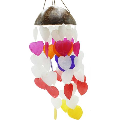 Carillons Éoliens Noix de Coco & Capiz - Grands Coeurs - 40cm- Vendu par 1 (1/3)