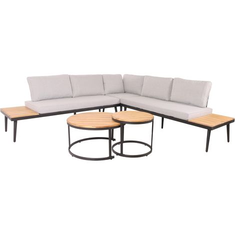 [NEUWERTIG] Garten-Garnitur HHG-215c, Lounge-Set, Beistelltisch Spun Poly Akazie Holz Stahl hellbraun, Kissen hellgrau