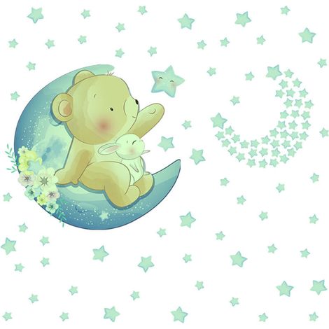 Ours, lune, étoile, lumières, autocollant mural animal de dessin animé c
