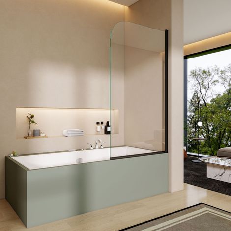 800x1400mm Matt Black Pivot Bath Shower Screen, 6mm Safety Glass Curved Panel,180 Degree Reversible (1/5)