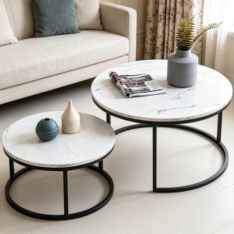 Set aus 2 ineinander schiebbaren Couchtischen, Marmorfurnier, Metallgestell, schwarze Beine, Tragkraft 100 kg - Elegantes Design für moderne Wohnzimmer