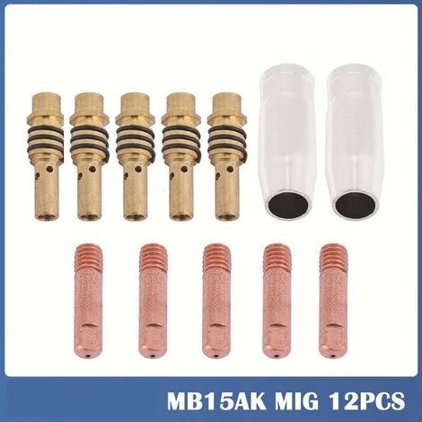 12 pièces pour poste de soudage MIG sans gaz : porte-embouts de contact 15AK MIG/MAG, porte-connecteur de gaz 0,8 mm, buse à gaz conique, porte-tube de contact, consommables pour torche (1/5)