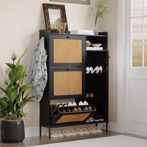 Meuble à Chaussures Étroit Noir avec 3 Tiroirs Basculants en Rotin, Étagères Réglables et Crochets, Rangement Gain de Place pour Entrée et Couloir (1/5)
