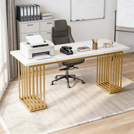 Escritorio polivalente con amplio tablero, blanco y oro, 180 x 79 x 78 cm (1/5)