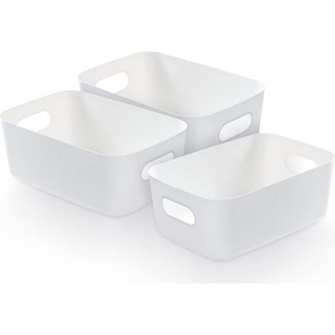 Set di 3 cestini portaoggetti in plastica bianchi, cestini portaoggetti in plastica, cestini portaoggetti in plastica con maniglie per armadietti (1/3)