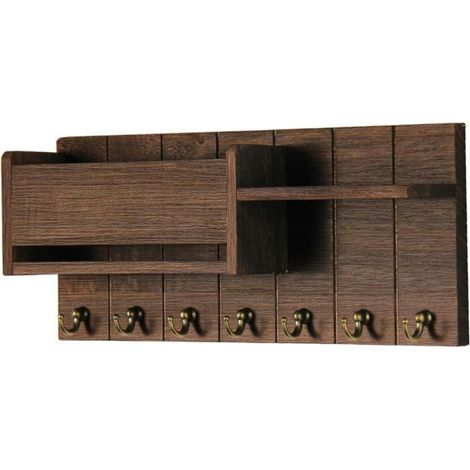 Porte-clés et porte-courrier en bois avec 6 crochets, organisateur mural moderne pour ranger lettres, magazines et autres objets. (1/5)