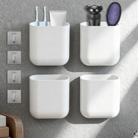 Set mit 4 weißen, selbstklebenden Wandaufbewahrungsboxen mit Abflusslöchern, Badezimmer-Organizer, geeignet für Büro und Wohnzimmer