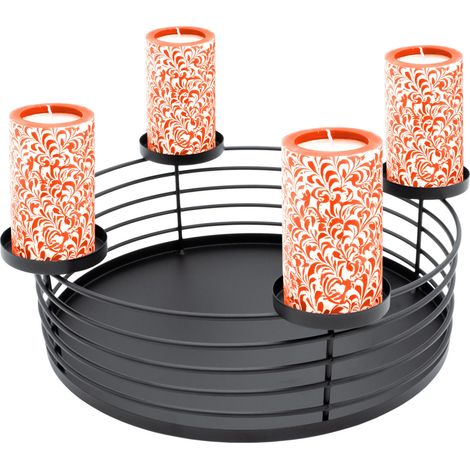 Adventskranz mit Korb aus Metall in schwarz - Ø 30 cm - Kerzenhalter mit 4 Kerzentellern für Stumpenkerzen - Weihnachten Advent Winter Tisch Deko Kerzenständer mit Gitterkorb zum Dekorieren