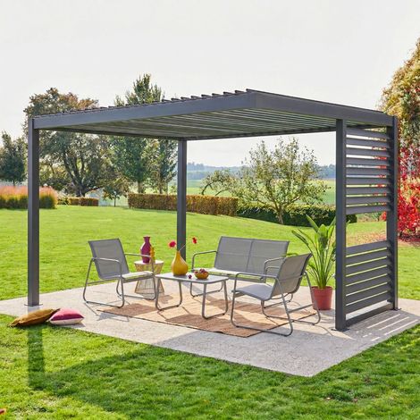 Pergola bioclimatique aluminium et acier anthracite lames orientables avec persienne intégrée 3.5x3.5m Palace
