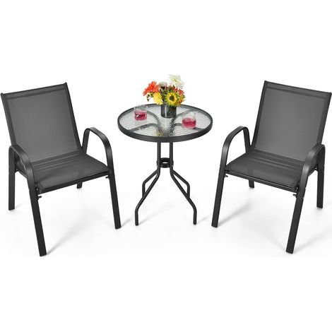 COSTWAY Juego de Muebles Bistró de 3 Piezas, 2 Sillas Textilene y 1 Mesa de Cristal Templado/Set de Conversación para Patio con Tela Transpirable Jardín, Balcón, Terraza, Patio (1/5)