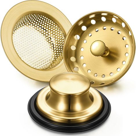 Set di 3 pezzi in acciaio inox con filtro e tappo di scarico per lavello da cucina con maniglia - Cestello filtrante anti-intasamento (oro vintage) (1/5)