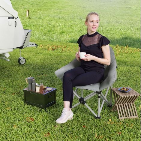 Campingstuhl aus Metall und Bonded Leather in Dunkelgrau, faltbar, gepolstert, mit Seitentasche und Tragetasche, 90x63x100 cm (1/5)