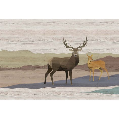 Papier peint panoramique animaux design Tapisserie panoramique originale paysage montagne Papier peint panoramique motif cerf pour chambre (1/2)