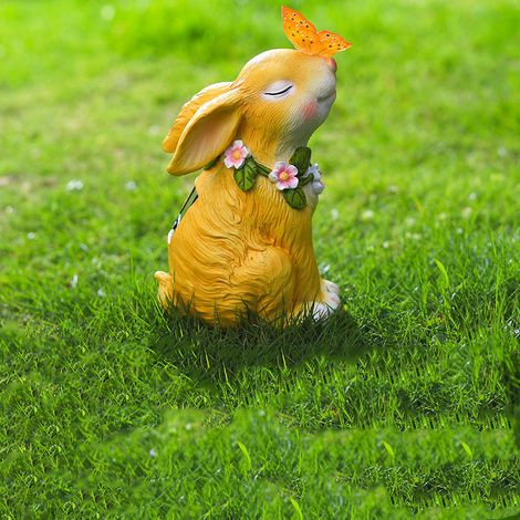[Figura de exterior] Figura de conejo con mariposas, funciona con energía solar, resina pintada a mano, luz amarilla (1/5)