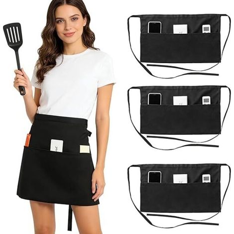 3-Piece Waist Apron with 3 Pockets, Waterproof Chef Apron, Black Kitchen Aprons, Short Apron for Men and Women, Waiters, Chefs, Kitchen, Bistro, Restaurant, Cafe (1/5)