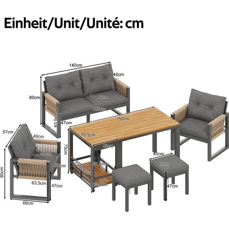 Salon de jardin, en fer et polyester et bois, gris et naturel (1/5)
