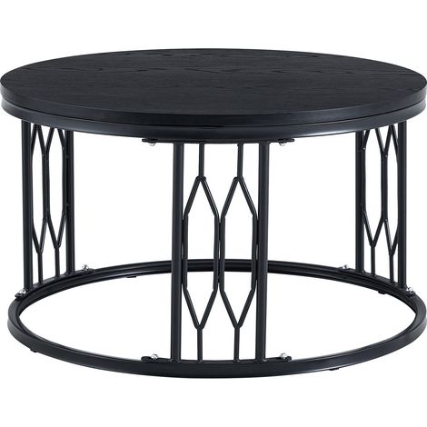 Table basse ronde en MDF effet bois avec structure métallique géométrique, 70 cm diamètre, style moderne (1/5)