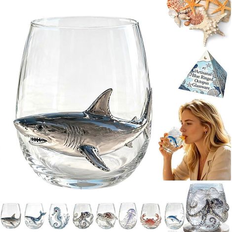 Verrerie artisanale pieuvre à anneaux bleus verre à vin 3D sans pied pieuvre verre de bar original animal marin requin (1/5)