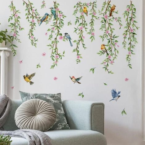 Stickers muraux suspendus avec des vignes, des feuilles et des oiseaux, adaptés à la chambre, au salon et à la décoration murale de fond (1/5)