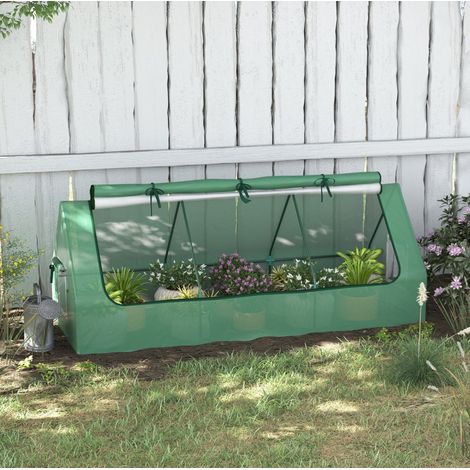 Mini serre de jardin 240x90x90 cm verte en acier avec bâche PE, toit enroulable et fenêtres moustiquaires (1/5)