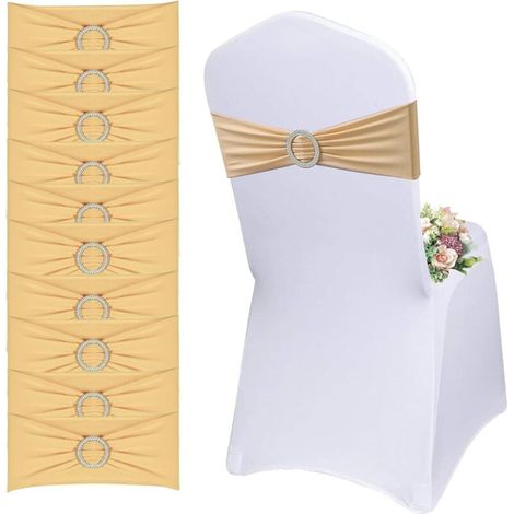 XEPHO Lot de 20 Écharpes De Chaise Élastiques avec Boucle Ronde - Housse de Chaise et Ceinture Extensible Décoration pour Mariage, Banquet, Fête, Réception, Fête d'anniversaire (Champagne Or)