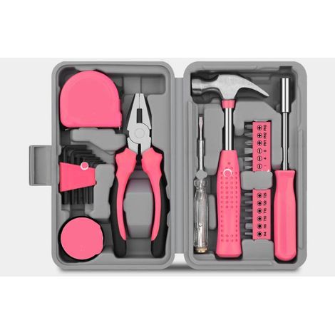 Juego de herramientas rosa de 24 piezas para mujer: mini kit de bricolaje con herramientas básicas para el hogar y la oficina, caja de herramientas compacta para proyectos de bricolaje y uso diario.