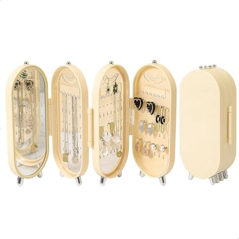 Soporte plegable para pendientes, joyero con espejo, joyero con 153 agujeros para mujeres y niñas, regalo para niñas (amarillo claro) (1/5)