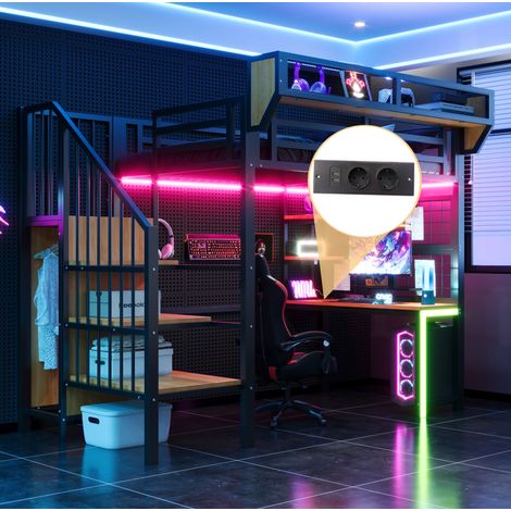 Letto a soppalco in metallo 90 x 200 cm con scrivania, ripiano, LED, presa e scala - nero (1/5)