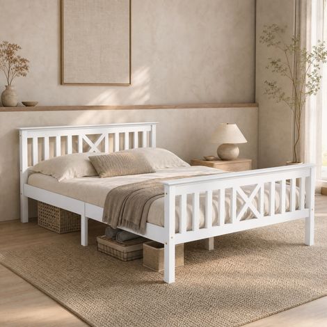 Cama doble 140x200 cm de madera blanca moderna para dormitorio, sin colchón FloraGrace (1/5)