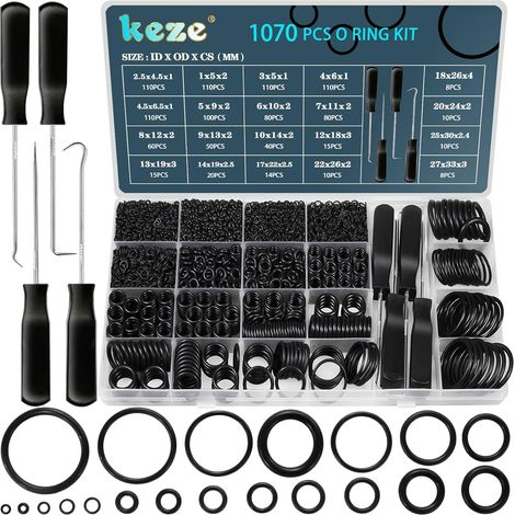 1070 Pieces 20 Sizes O-Ring Assortment Kit with Spike and Hook for Pressure Washer Tap Repair, Outer Diameter 4.5mm to 33mm (1/5)