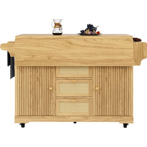 CHICFURN Carro de cocina plegable con isla central, altura ergonómica 95 cm, almacenaje en resina trenzada y MDF, para cocina, balcón y camping (1/5)