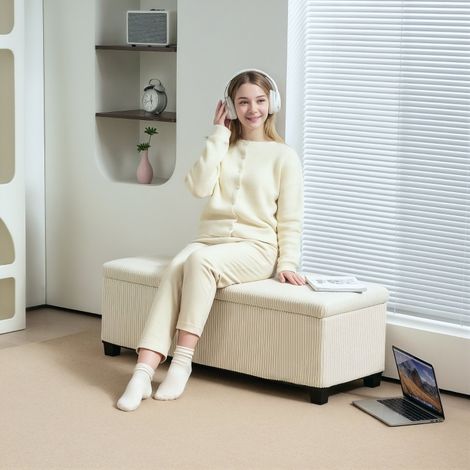 Panca contenitore rivestita in tessuto a cordoncino beige 112 x 42 x 40 cm (1/5)