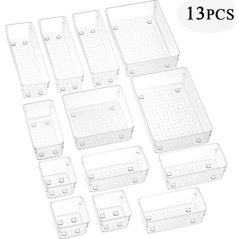 Make-up-Organizer-Set, 13 Stück, Aufbewahrungsbox aus Kunststoff, Schubladen-Organizer für Kosmetik, Büro, Küche (transparent)