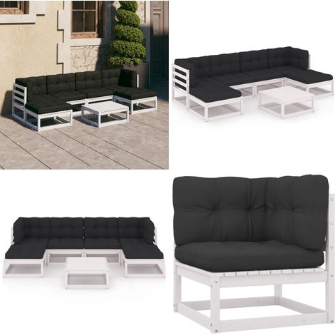7-tlg. Garten-Lounge-Set mit Kissen Weiß Massivholz Kiefer - Gartensofa - Lounge Set - Gartenmöbeln - Rattan Möbel - Outdoor Furniture - Home & Living