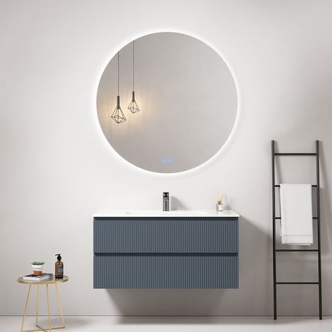 Mobile bagno sospeso cannettato 100 cm Blu Mare Lavabo in Ceramica Specchio Tondo Retroilluminato - Fiji Paint