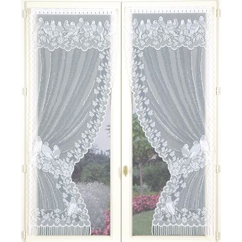 Homemaison – Paire de rideaux dentelle et franges blanc 60x120 cm – 100% polyester – Lavable en machine à 30° – Finition passe tringle (1/2)