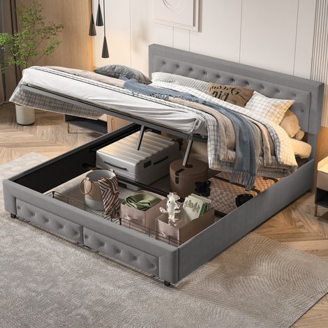 Polsterbett 160x200 cm - hydraulisches Boxspringbett - Knopfdekoration - zwei Schubladen am Ende des Bettes - viel Stauraum - Samt - Lattenrost – Grau