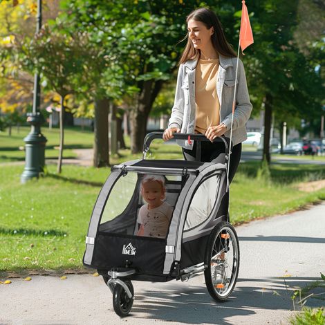 Remolque para bicicleta infantil, remolque de empuje, con frenos, plegable, para 2 niños, gris/negro