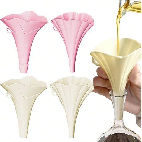 Set mit 4 Küchentrichtern – faltbare, blütenförmige Silikontrichter zum Umfüllen von Gläsern, Flaschen und Flüssigkeiten. (1/5)