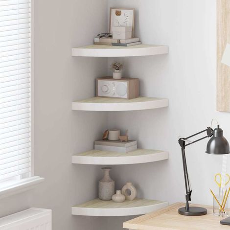 Lot de 4 Étagères d'angle murales Étagère de Rangement - Meuble de rangement Chêne et blanc 35x35x3,8 cm MDF BV473955 - BonneVie (1/5)