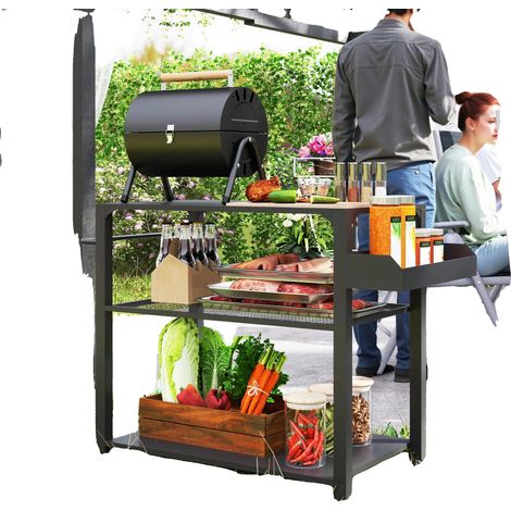 Carrito para parrilla, estantes de 3 niveles, construcción duradera, color negro. (1/5)