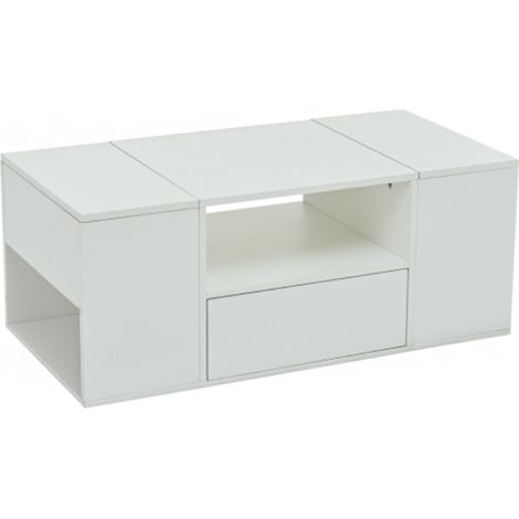 Table basse (100 x 50 x 40 cm), table d'appoint avec un tiroir, console avec deux compartiments, table de salon laquée brillante avec éclairage LED, table basse avec 6 compartiments de rangement, blan (1/3)