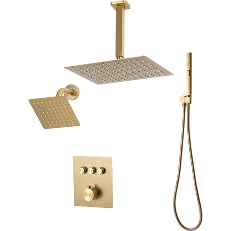 Mophorn Duschsystem-Set mit 12-Zoll-Regenduschkopf, 6-Zoll-Wandmontagekopf und 2-in-1-Handbrause. Drehbarer Doppelregenkopf mit drei Funktionen, Messingventil und Verkleidungssatz in gebürstetem Gold. (1/5)