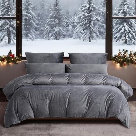 Winter Bettwäsche 200x200 Grau Anthrazit Warm Kuschelig Flauschig 3-teilig mit Reißverschluss